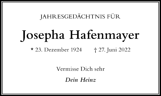 Traueranzeige von Josepha Hafenmayer von Der Westallgäuer