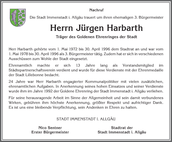 Traueranzeige von Jürgen Harbarth von Allgäuer Anzeigeblatt