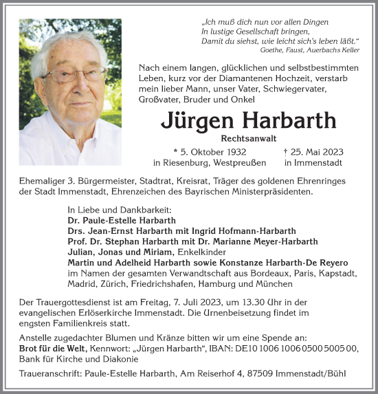 Traueranzeige von Jürgen Harbarth von Allgäuer Anzeigeblatt