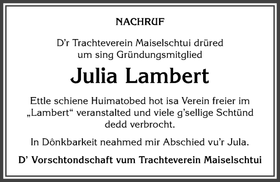 Traueranzeige von Julia Lambert von Allgäuer Anzeigeblatt