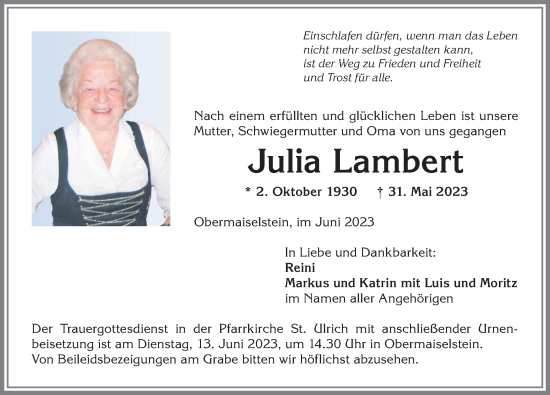 Traueranzeige von Julia Lambert von Allgäuer Anzeigeblatt