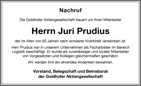 Traueranzeige von Juri Prudius von Allgäuer Zeitung,Kempten