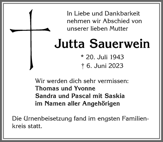 Traueranzeige von Jutta Sauerwein von Allgäuer Zeitung,Kempten