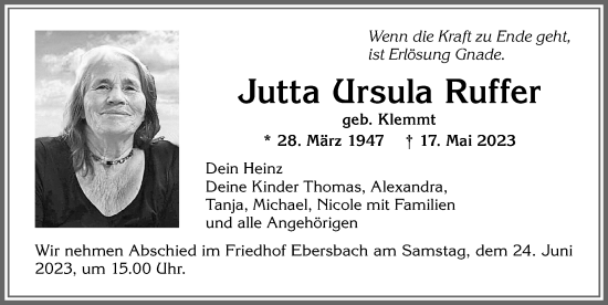 Traueranzeige von Jutta Ursula Ruffer von Allgäuer Zeitung, Marktoberdorf