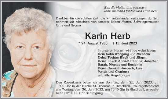 Traueranzeige von Karin Herb von Allgäuer Zeitung, Marktoberdorf
