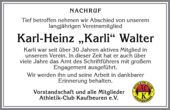 Traueranzeige von Karl-Heinz Walter von Allgäuer Zeitung, Kaufbeuren/Buchloe