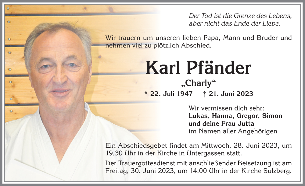  Traueranzeige für Karl Pfänder vom 27.06.2023 aus Allgäuer Zeitung,Kempten