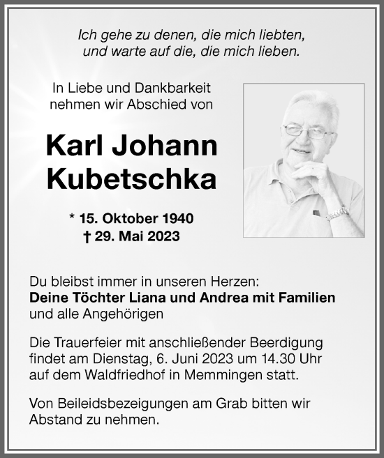 Traueranzeige von Karl Johann Kubetschka von Memminger Zeitung