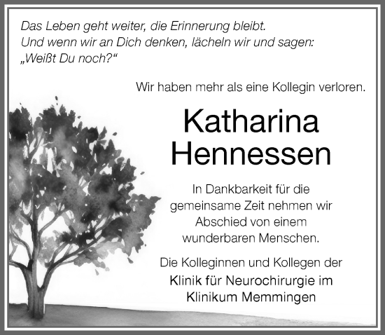 Traueranzeige von Katharina Hennessen von Memminger Zeitung