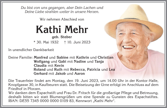 Traueranzeige von Kathi Mehr von Allgäuer Zeitung, Kaufbeuren/Buchloe
