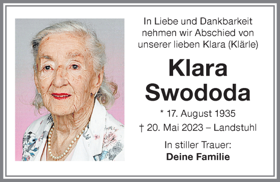 Traueranzeige von Klara Swododa von Memminger Zeitung