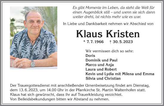 Traueranzeige von Klaus Kristen von Allgäuer Zeitung,Kempten