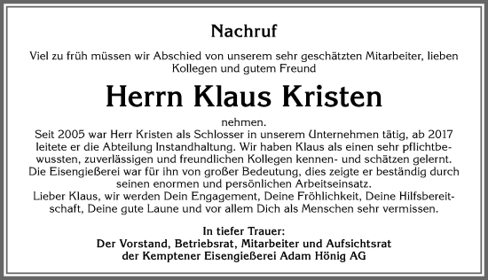 Traueranzeige von Klaus Kristen von Allgäuer Zeitung,Kempten