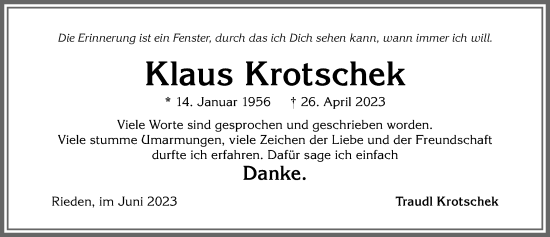 Traueranzeige von Klaus Krotschek von Allgäuer Zeitung, Füssen