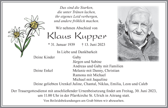 Traueranzeige von Klaus Kupper von Allgäuer Zeitung, Marktoberdorf
