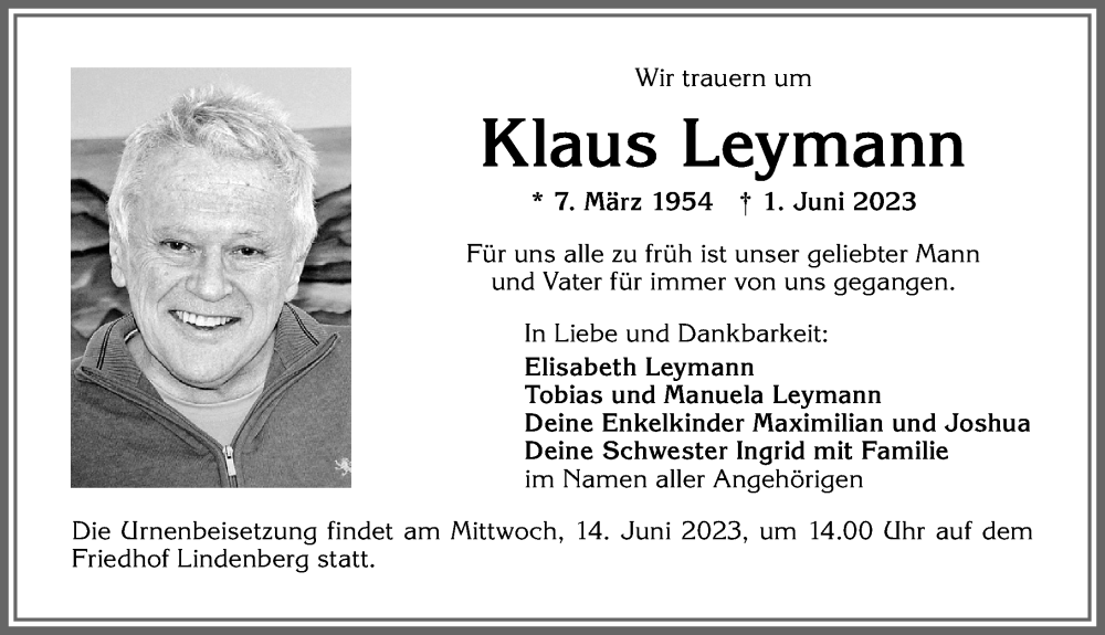  Traueranzeige für Klaus Leymann vom 03.06.2023 aus Allgäuer Zeitung, Kaufbeuren/Buchloe