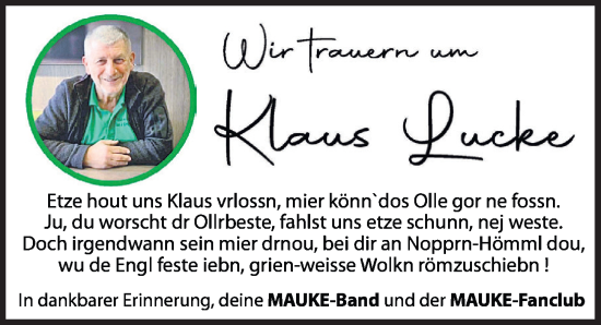 Traueranzeige von Klaus Lucke von Allgäuer Zeitung, Kaufbeuren/Buchloe