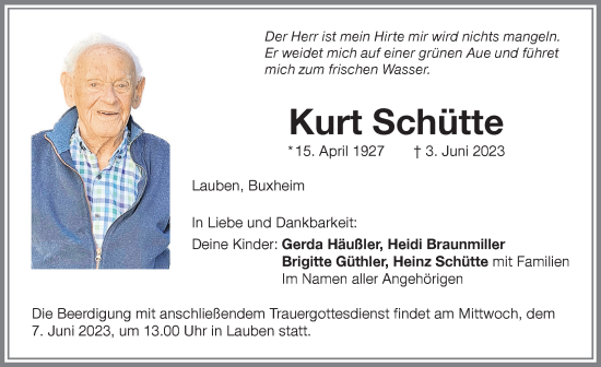 Traueranzeige von Kurt Schütte von Memminger Zeitung