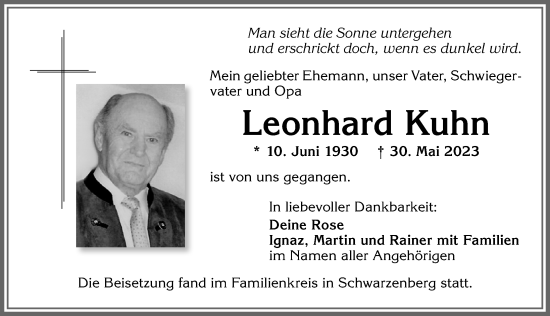 Traueranzeige von Leonhard Kuhn von Allgäuer Zeitung,Kempten