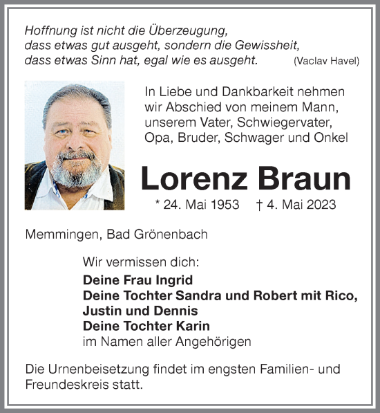 Traueranzeige von Lorenz Braun von Memminger Zeitung