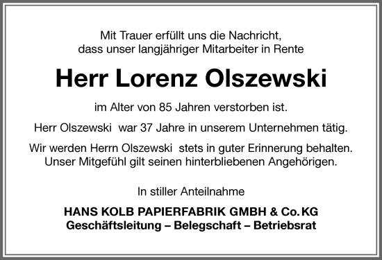 Traueranzeige von Lorenz Olszewski von Allgäuer Zeitung, Kaufbeuren/Buchloe