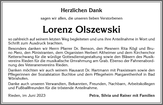 Traueranzeige von Lorenz Olszewski von Allgäuer Zeitung, Kaufbeuren/Buchloe