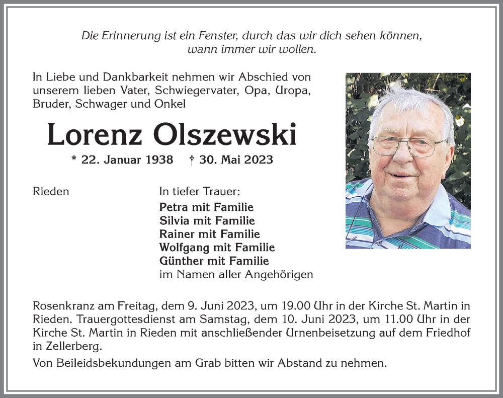  Traueranzeige für Lorenz Olszewski vom 07.06.2023 aus Allgäuer Zeitung, Kaufbeuren/Buchloe