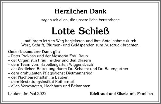 Traueranzeige von Lotte Schieß von Allgäuer Zeitung,Kempten