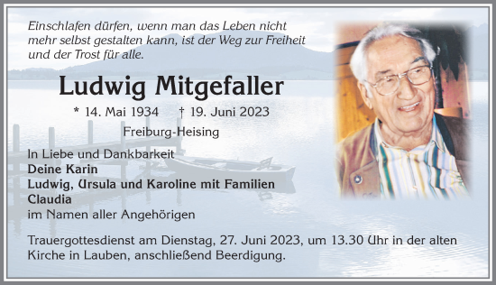 Traueranzeige von Ludwig Mitgefaller von Allgäuer Zeitung,Kempten