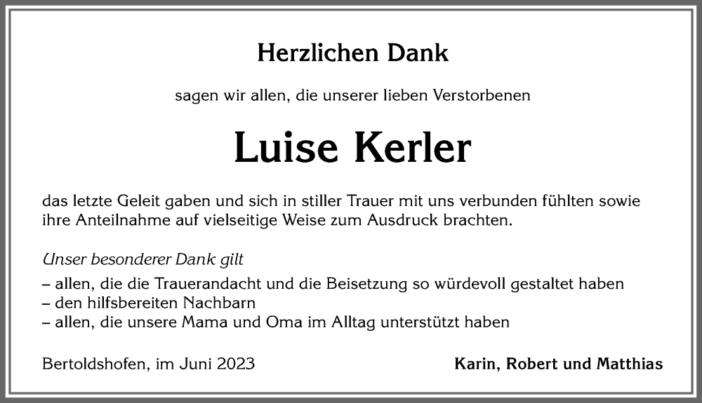  Traueranzeige für Luise Kerler vom 10.06.2023 aus Allgäuer Zeitung, Marktoberdorf