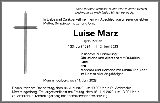 Traueranzeige von Luise Marz von Memminger Zeitung