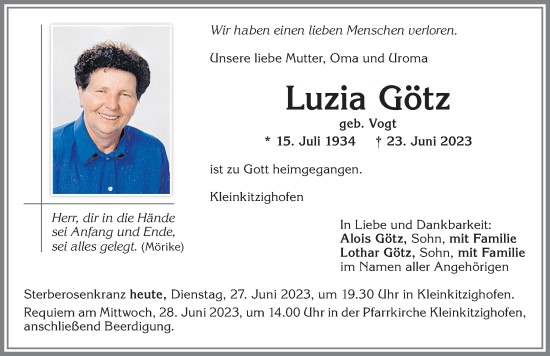 Traueranzeige von Luzia Götz von Allgäuer Zeitung, Kaufbeuren/Buchloe