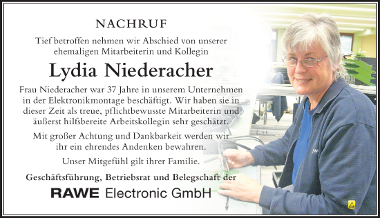 Traueranzeige von Lydia Niederacher von Der Westallgäuer