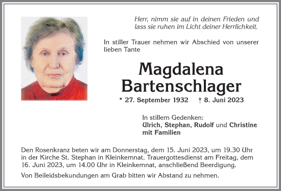 Traueranzeige von Magdalena Bartenschlager von Allgäuer Zeitung, Kaufbeuren/Buchloe