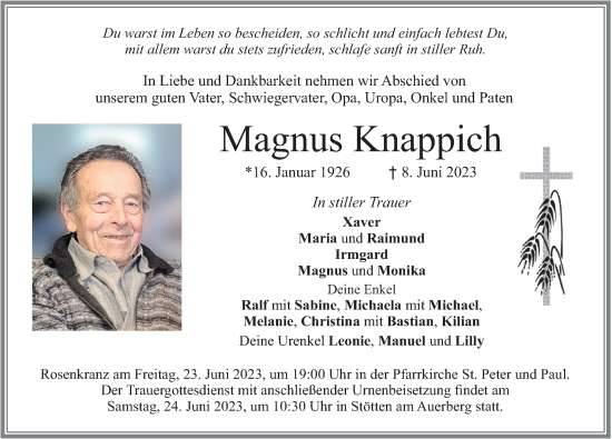 Traueranzeige von Magnus Knappich von Allgäuer Zeitung, Marktoberdorf
