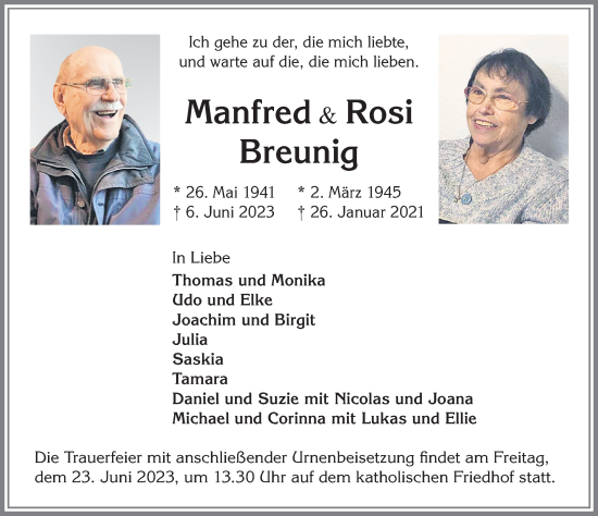 Traueranzeige von Manfred Breunig von Allgäuer Zeitung,Kempten