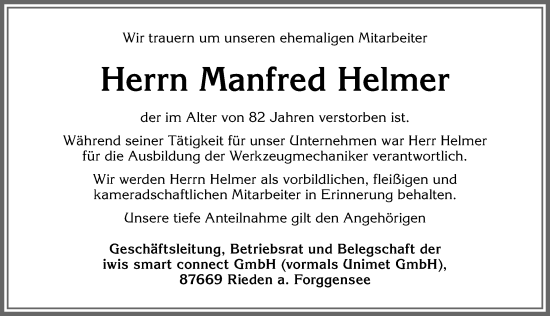 Traueranzeige von Manfred Helmer von Allgäuer Zeitung, Füssen