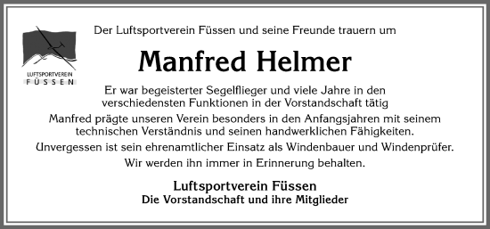 Traueranzeige von Manfred Helmer von Allgäuer Zeitung, Füssen