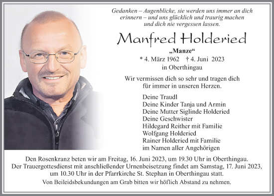 Traueranzeige von Manfred Holderied von Allgäuer Zeitung, Marktoberdorf
