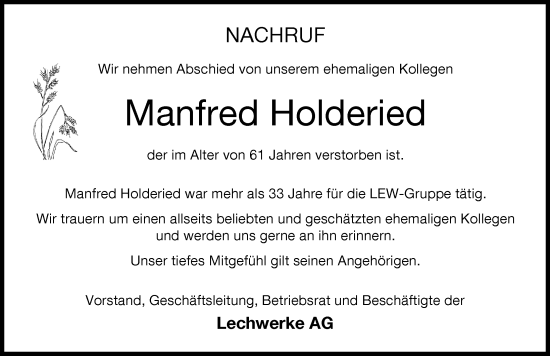 Traueranzeige von Manfred Holderied von Allgäuer Zeitung, Kaufbeuren/Buchloe
