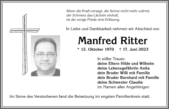 Traueranzeige von Manfred Ritter von Allgäuer Anzeigeblatt