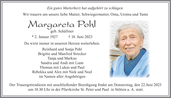 Traueranzeige von Margareta Pohl von Allgäuer Zeitung, Marktoberdorf