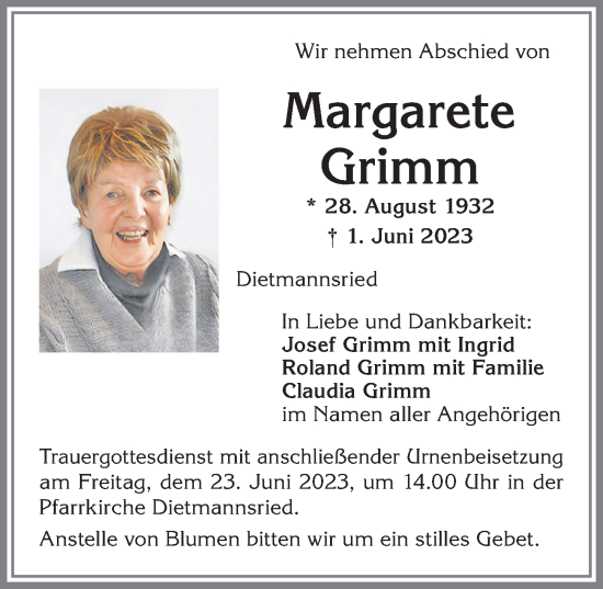 Traueranzeige von Margarete Grimm von Allgäuer Zeitung,Kempten