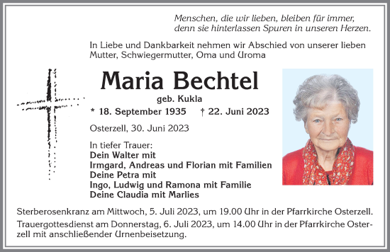 Traueranzeige von Maria Bechtel von Allgäuer Zeitung, Kaufbeuren/Buchloe