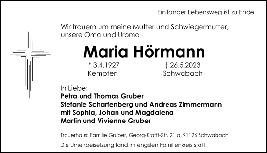 Traueranzeige von Maria Hörmann von Allgäuer Zeitung,Kempten