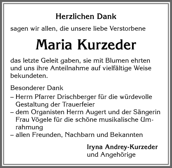 Traueranzeige von Maria Kurzeder von Allgäuer Zeitung,Kempten