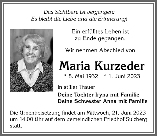 Traueranzeige von Maria Kurzeder von Allgäuer Zeitung,Kempten