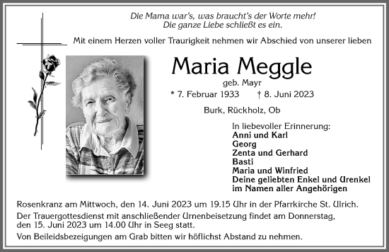 Traueranzeige von Maria Meggle von Allgäuer Zeitung, Füssen