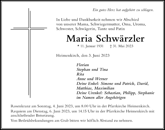 Traueranzeige von Maria Schwärzler von Der Westallgäuer