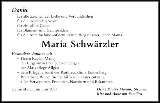 Traueranzeige von Maria Schwärzler von Der Westallgäuer